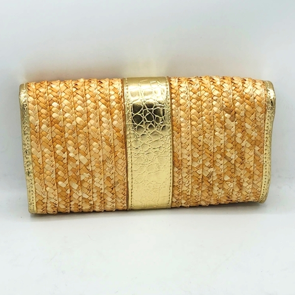 Big Buddha Straw Faux Leather Gold Crocs Trim Accents Fold Over Clutch - Picture 3 of 13